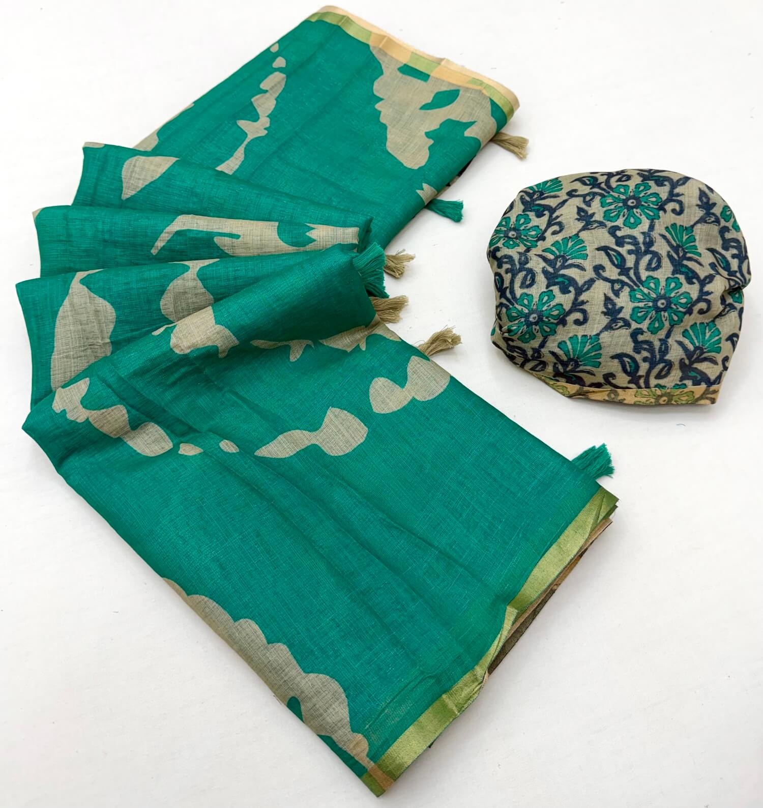 Staggering Rama Printed Cotton Silk Saree With Diaphanous Blouse Piece