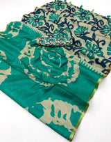 Staggering Rama Printed Cotton Silk Saree With Diaphanous Blouse Piece