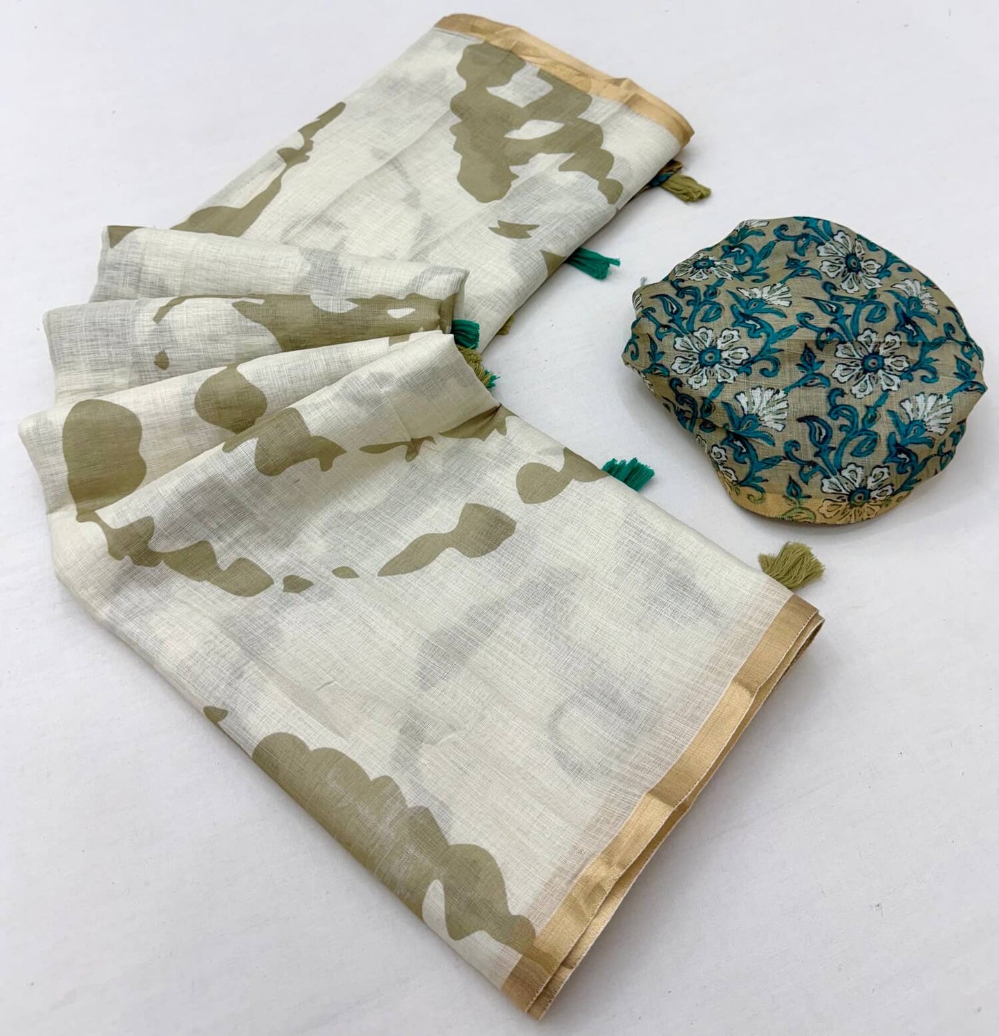 Assemblage Beige Printed Cotton Silk Saree With Charismatic Blouse Piece