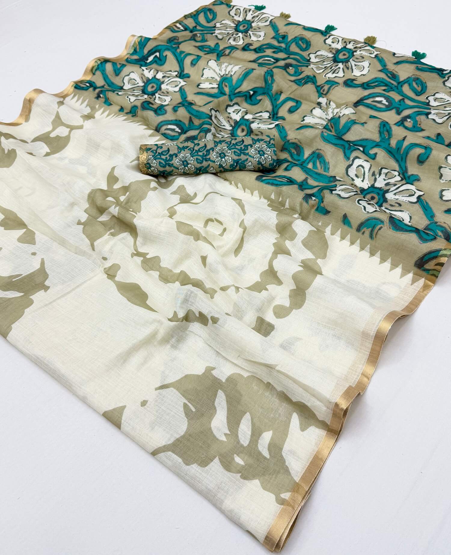Assemblage Beige Printed Cotton Silk Saree With Charismatic Blouse Piece