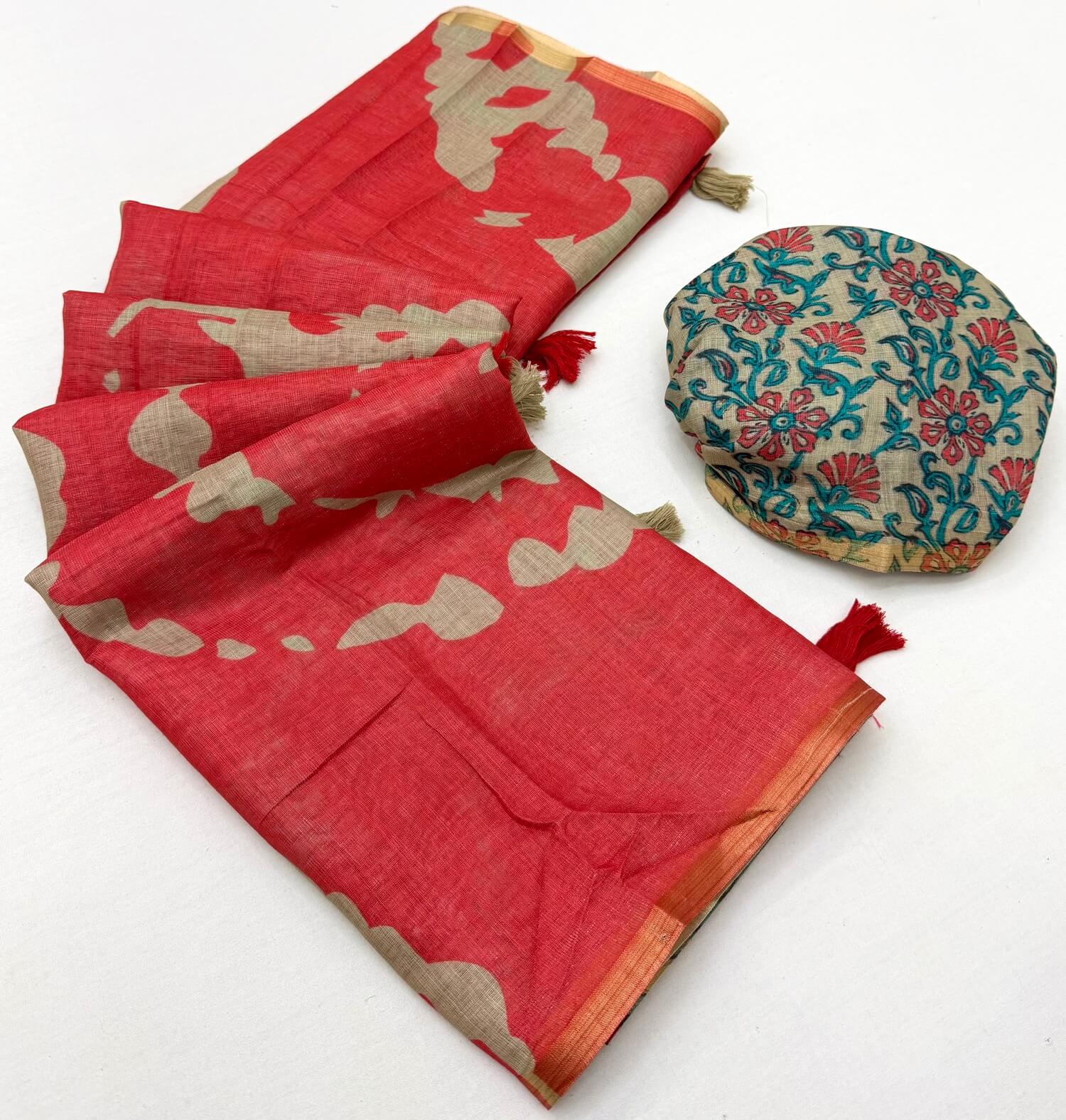 Energetic Red Printed Cotton Silk Saree With Designer Blouse Piece