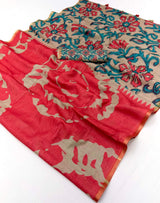 Energetic Red Printed Cotton Silk Saree With Designer Blouse Piece