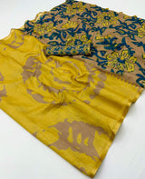 Artistic Yellow Printed Cotton Silk Saree With Gleaming Blouse Piece