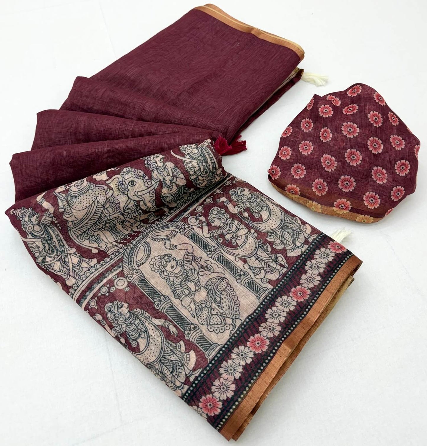 Classy Wine Kalamkari Printed Cotton Silk Saree With Flattering Blouse Piece