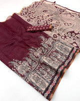 Classy Wine Kalamkari Printed Cotton Silk Saree With Flattering Blouse Piece