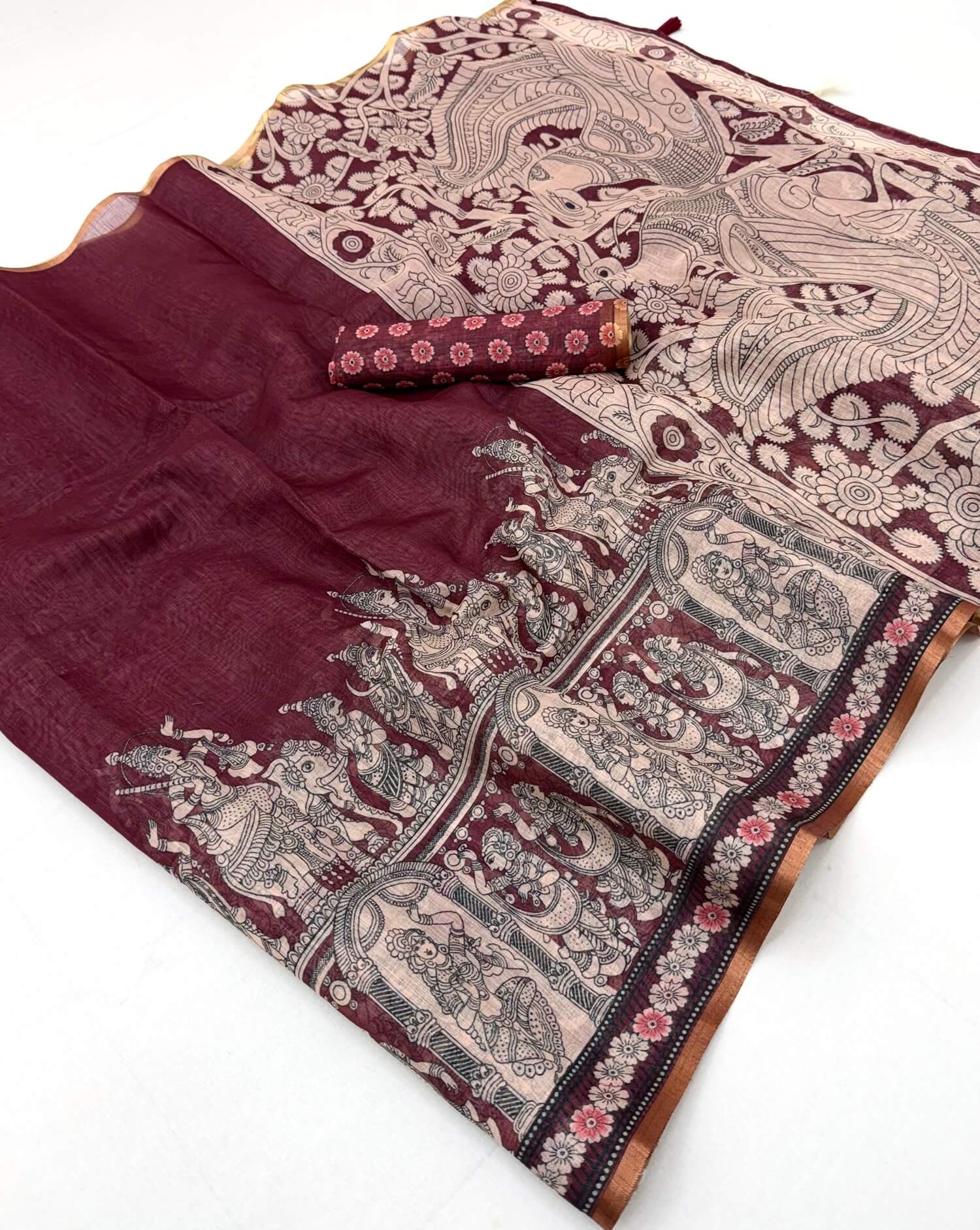 Classy Wine Kalamkari Printed Cotton Silk Saree With Flattering Blouse Piece