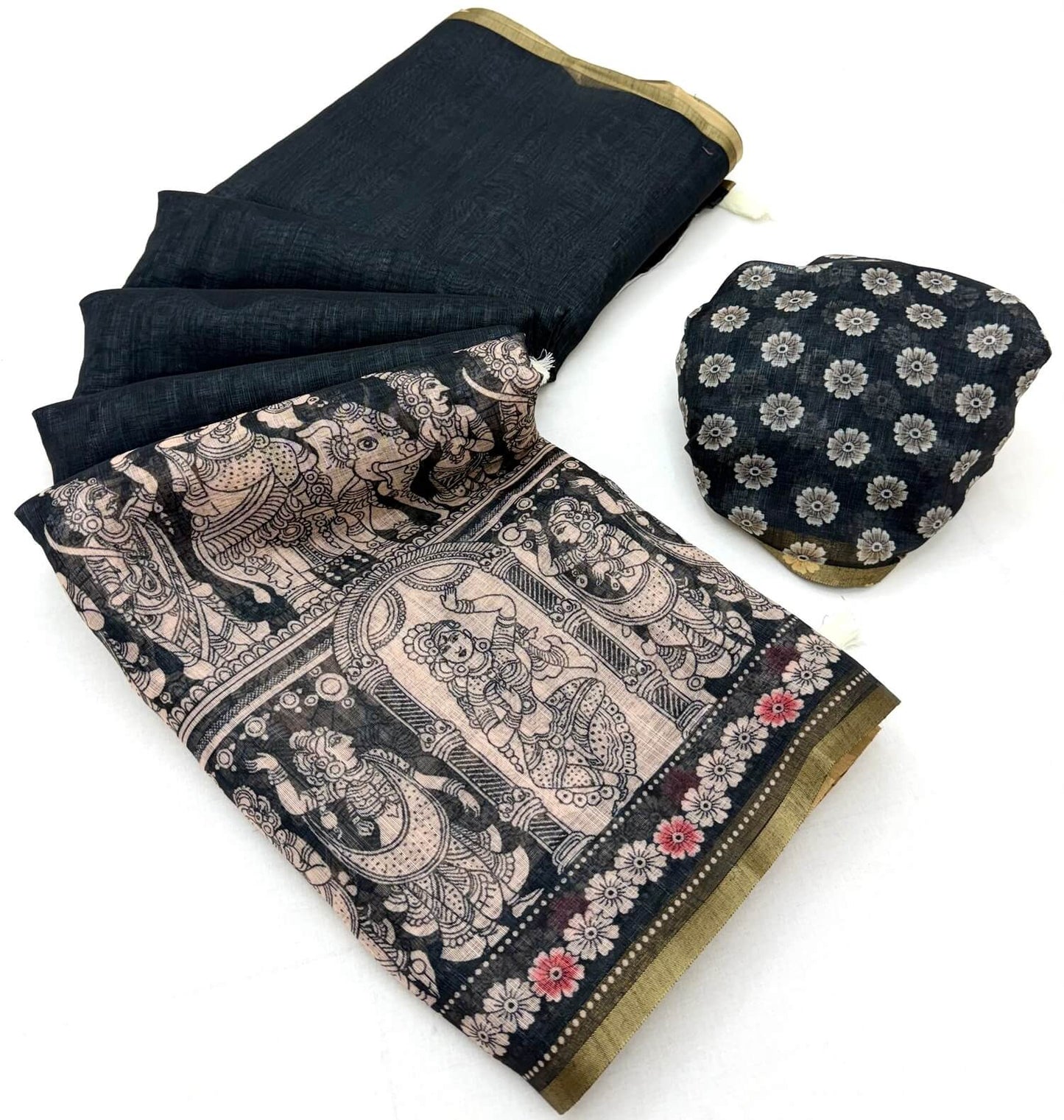 Embrocation Black Kalamkari Printed Cotton Silk Saree With Seraglio Blouse Piece
