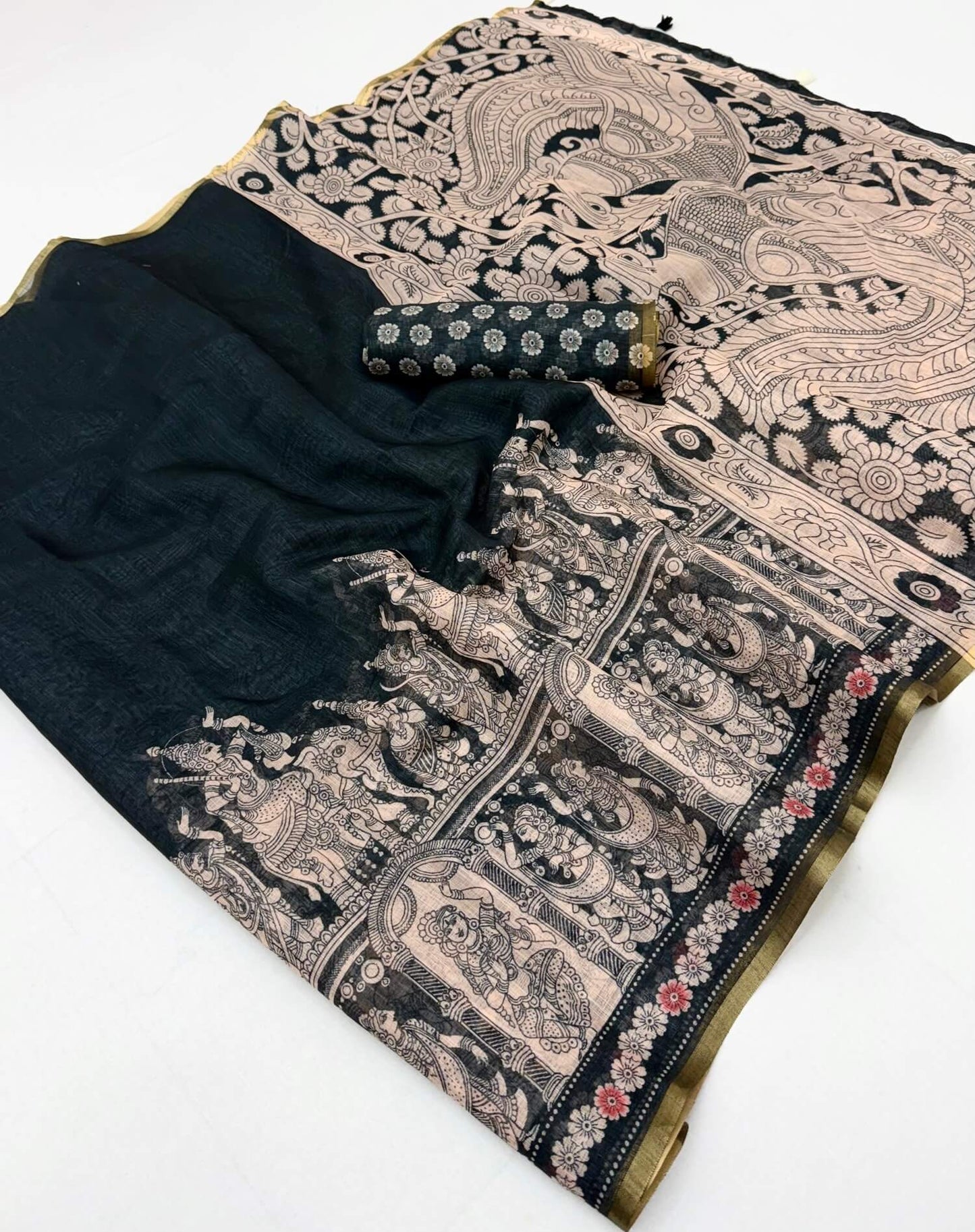Embrocation Black Kalamkari Printed Cotton Silk Saree With Seraglio Blouse Piece