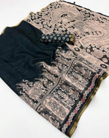 Embrocation Black Kalamkari Printed Cotton Silk Saree With Seraglio Blouse Piece