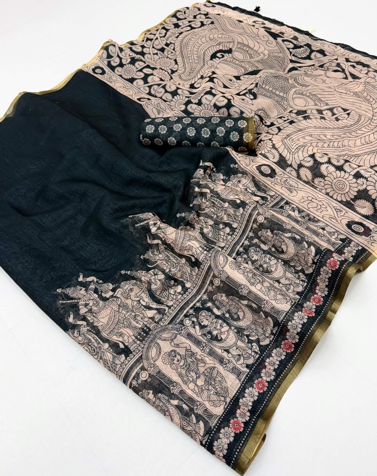 Embrocation Black Kalamkari Printed Cotton Silk Saree With Seraglio Blouse Piece