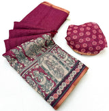 Fantabulous Dark Pink Kalamkari Printed Cotton Silk Saree With Imaginative Blouse Piece