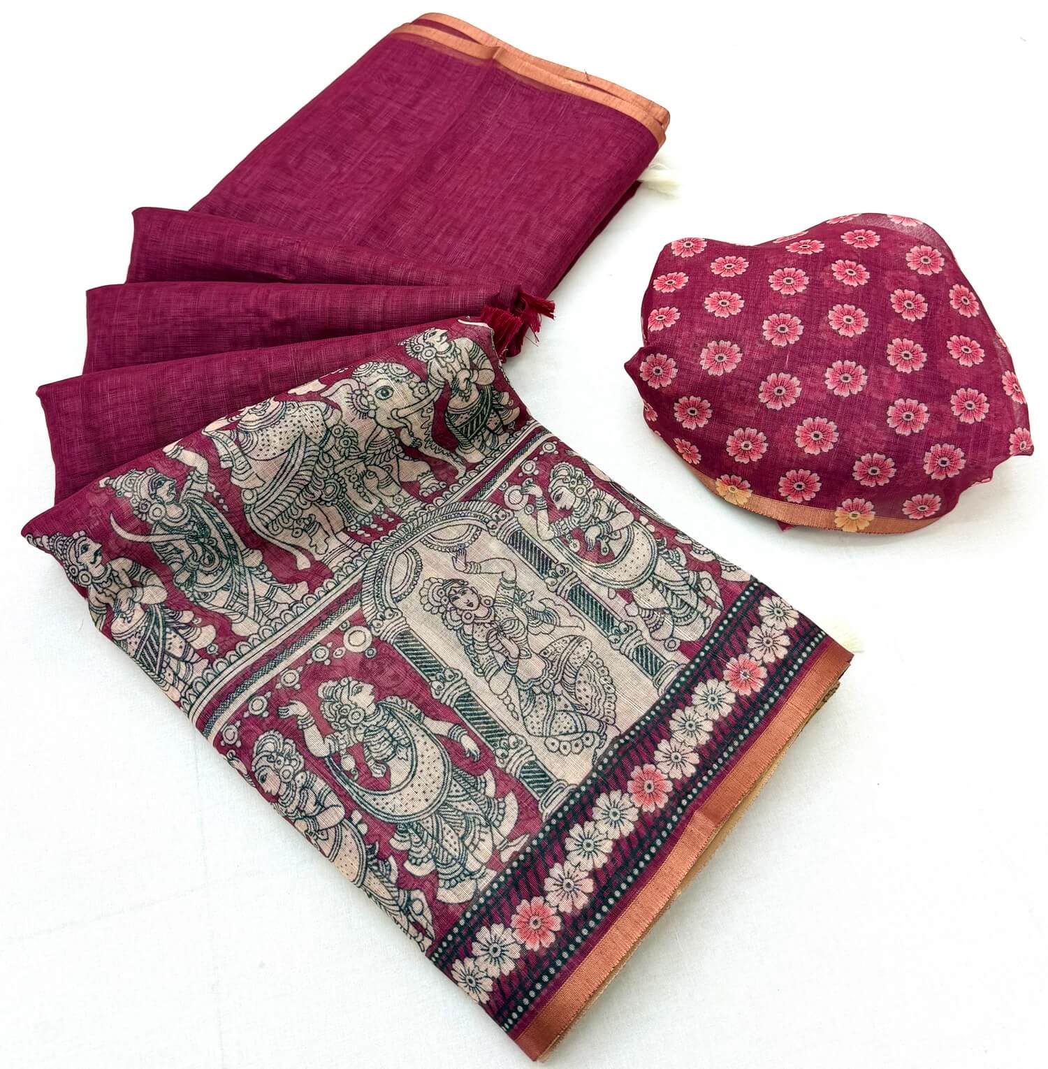 Fantabulous Dark Pink Kalamkari Printed Cotton Silk Saree With Imaginative Blouse Piece