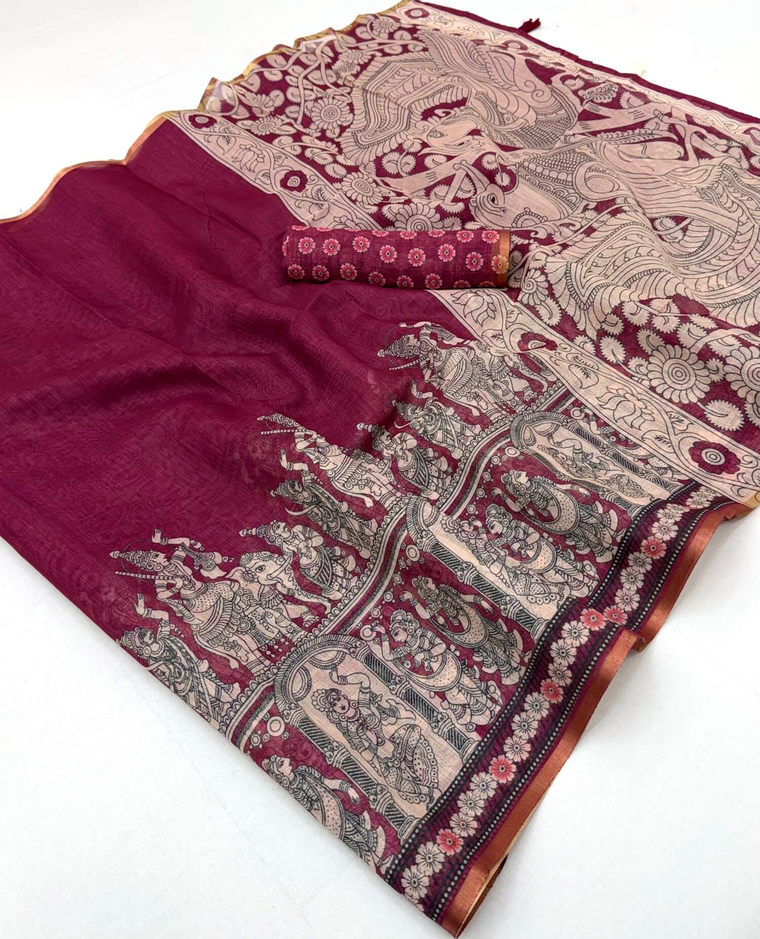 Fantabulous Dark Pink Kalamkari Printed Cotton Silk Saree With Imaginative Blouse Piece