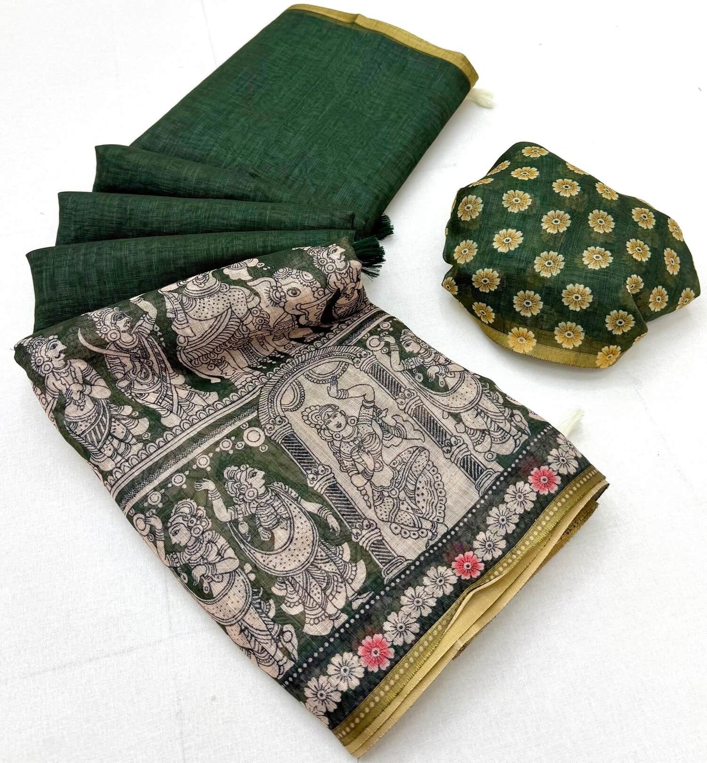 Sumptuous Dark Green Kalamkari Printed Cotton Silk Saree With Scintillating Blouse Piece