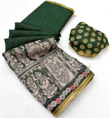 Sumptuous Dark Green Kalamkari Printed Cotton Silk Saree With Scintillating Blouse Piece