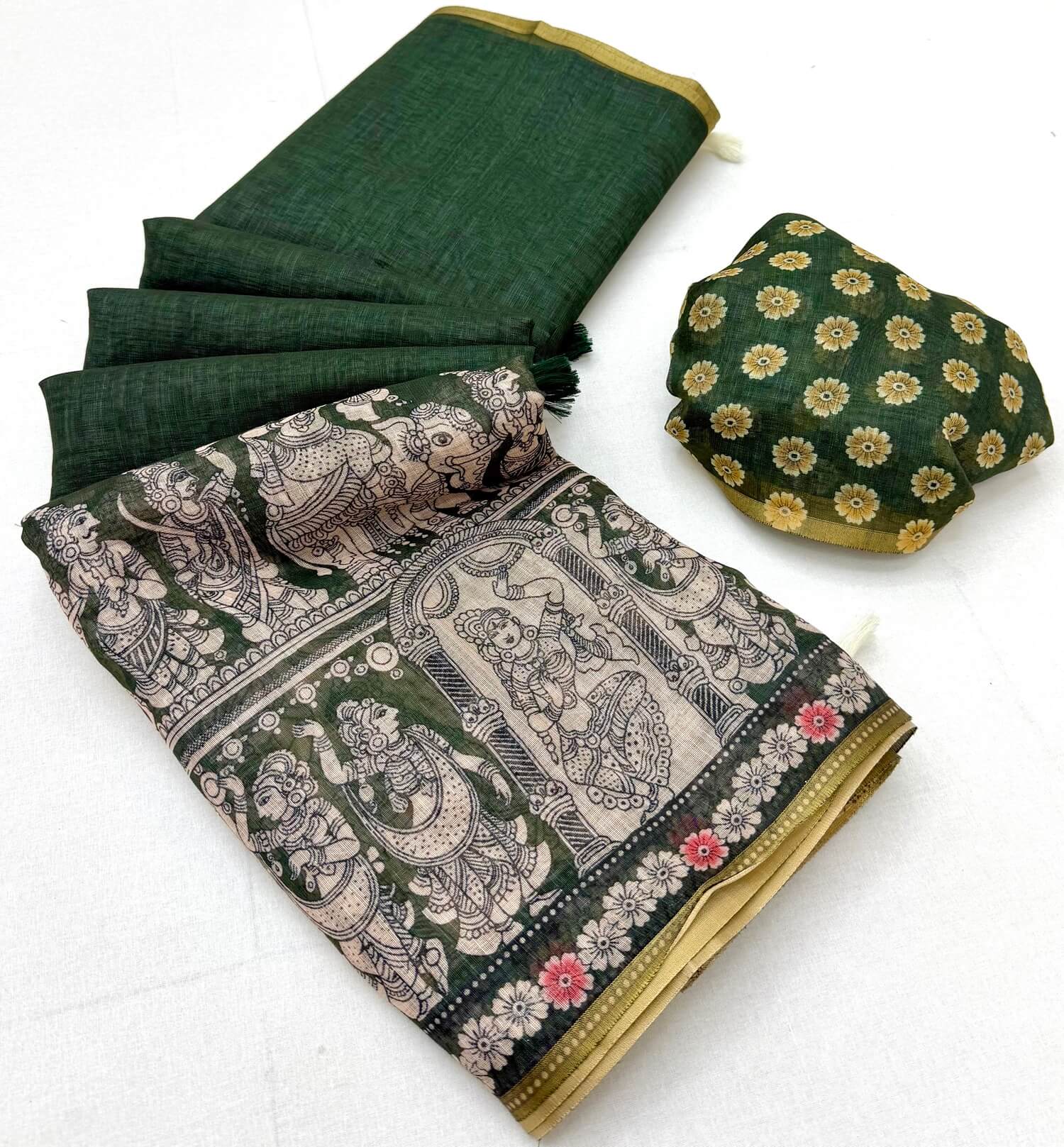 Sumptuous Dark Green Kalamkari Printed Cotton Silk Saree With Scintillating Blouse Piece
