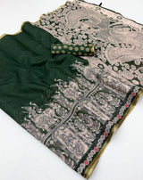 Sumptuous Dark Green Kalamkari Printed Cotton Silk Saree With Scintillating Blouse Piece