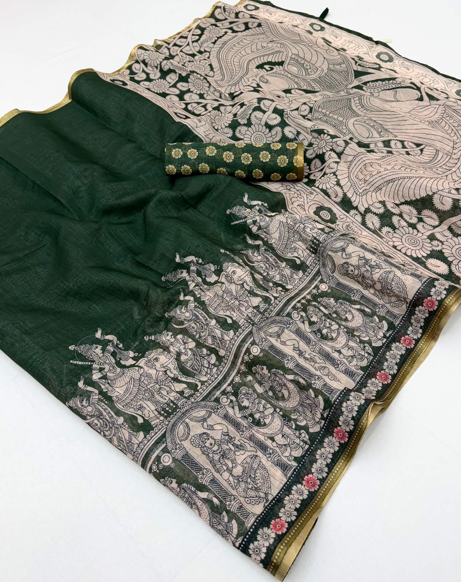 Sumptuous Dark Green Kalamkari Printed Cotton Silk Saree With Scintillating Blouse Piece