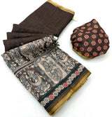 Evanescent Brown Kalamkari Printed Cotton Silk Saree With Zephyr Blouse Piece