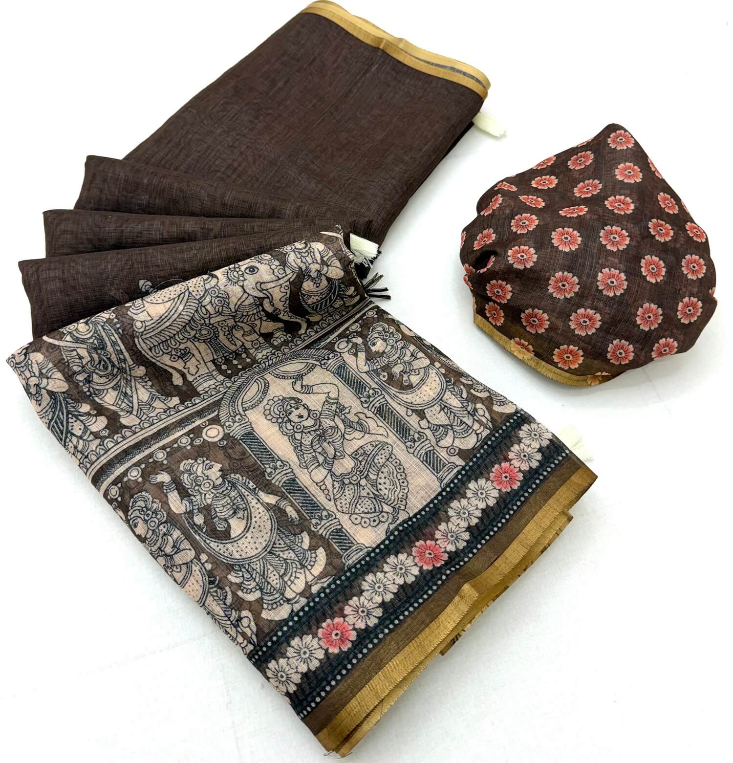 Evanescent Brown Kalamkari Printed Cotton Silk Saree With Zephyr Blouse Piece