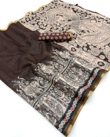 Evanescent Brown Kalamkari Printed Cotton Silk Saree With Zephyr Blouse Piece