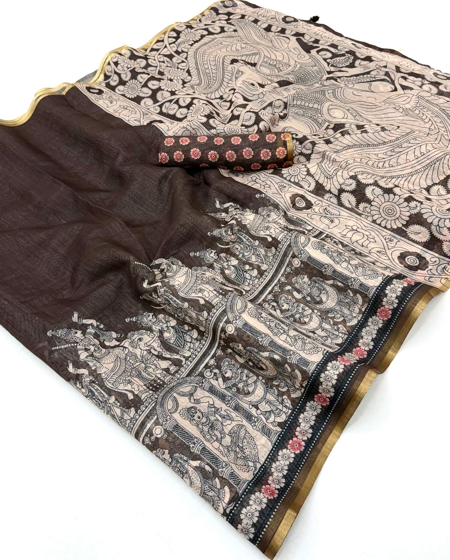 Evanescent Brown Kalamkari Printed Cotton Silk Saree With Zephyr Blouse Piece