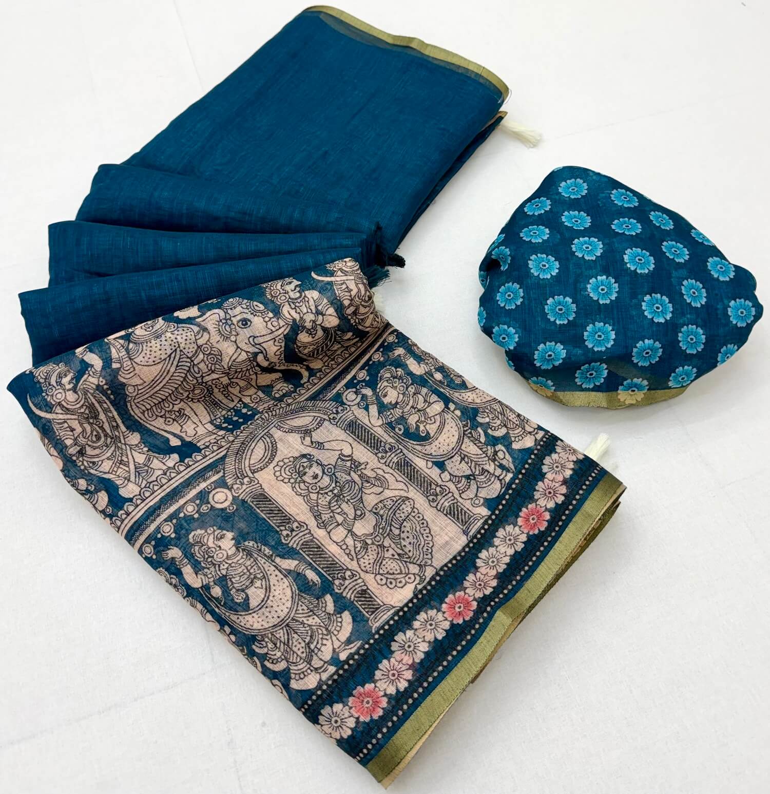 Stylish Navy Blue Kalamkari Printed Cotton Silk Saree With Nectarous Blouse Piece