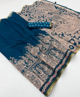 Stylish Navy Blue Kalamkari Printed Cotton Silk Saree With Nectarous Blouse Piece