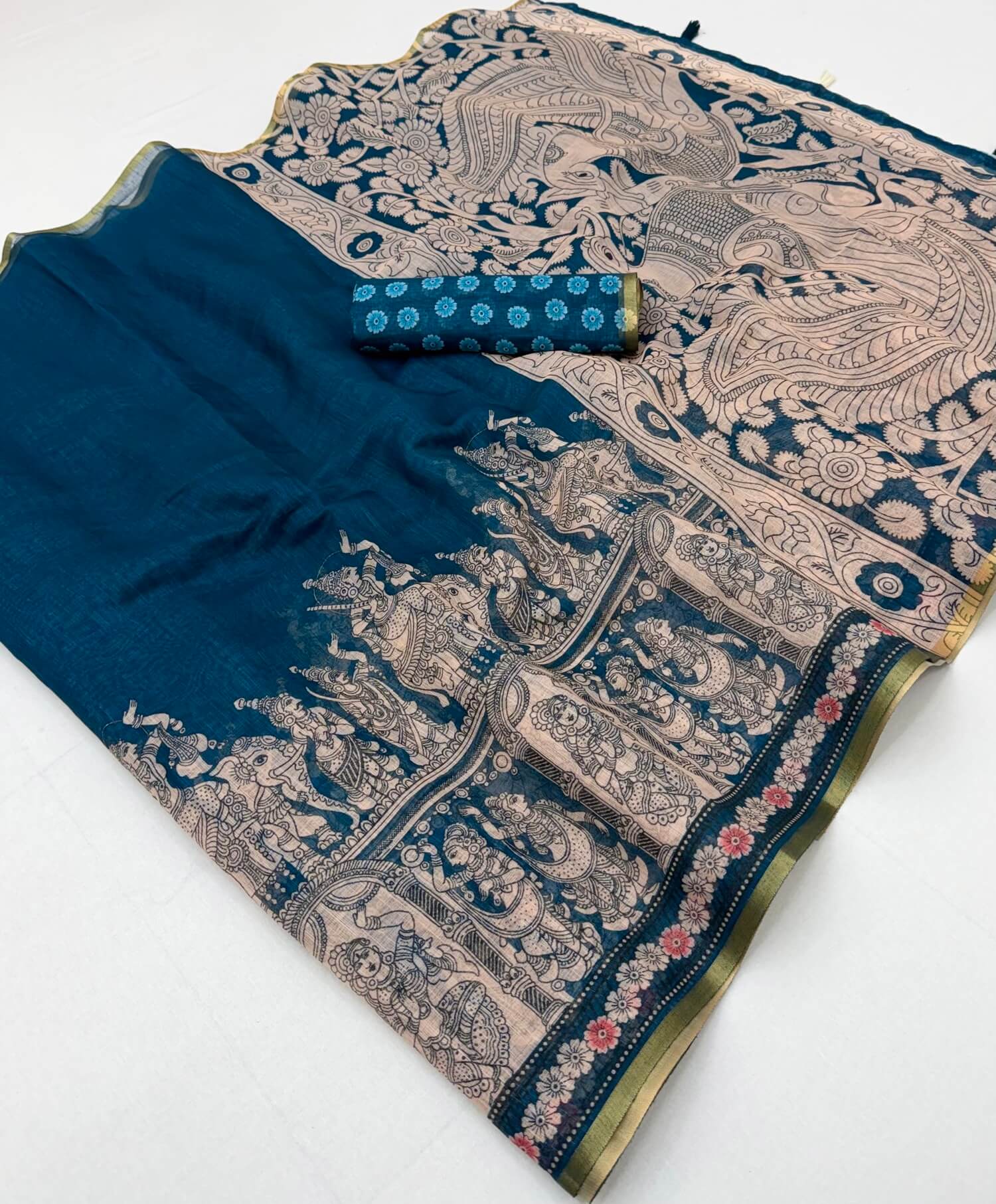 Stylish Navy Blue Kalamkari Printed Cotton Silk Saree With Nectarous Blouse Piece