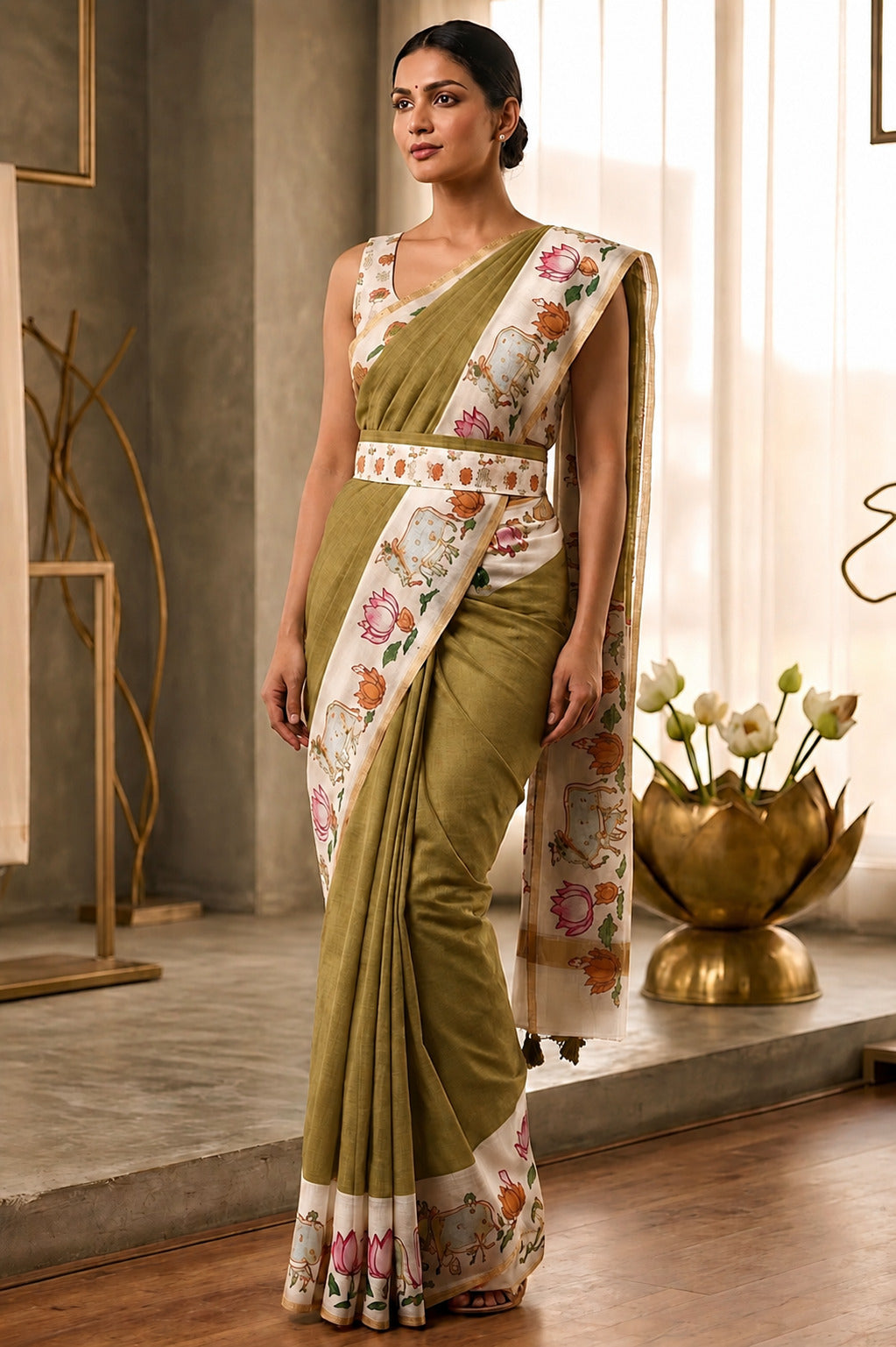 Glorious Green Printed Cotton Silk Saree With Gleaming Blouse Piece