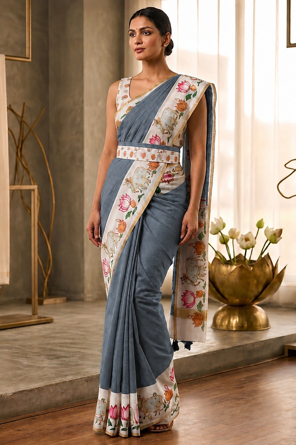 Amazing Grey Printed Cotton Silk Saree With Excellent Blouse Piece