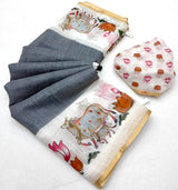 Amazing Grey Printed Cotton Silk Saree With Excellent Blouse Piece