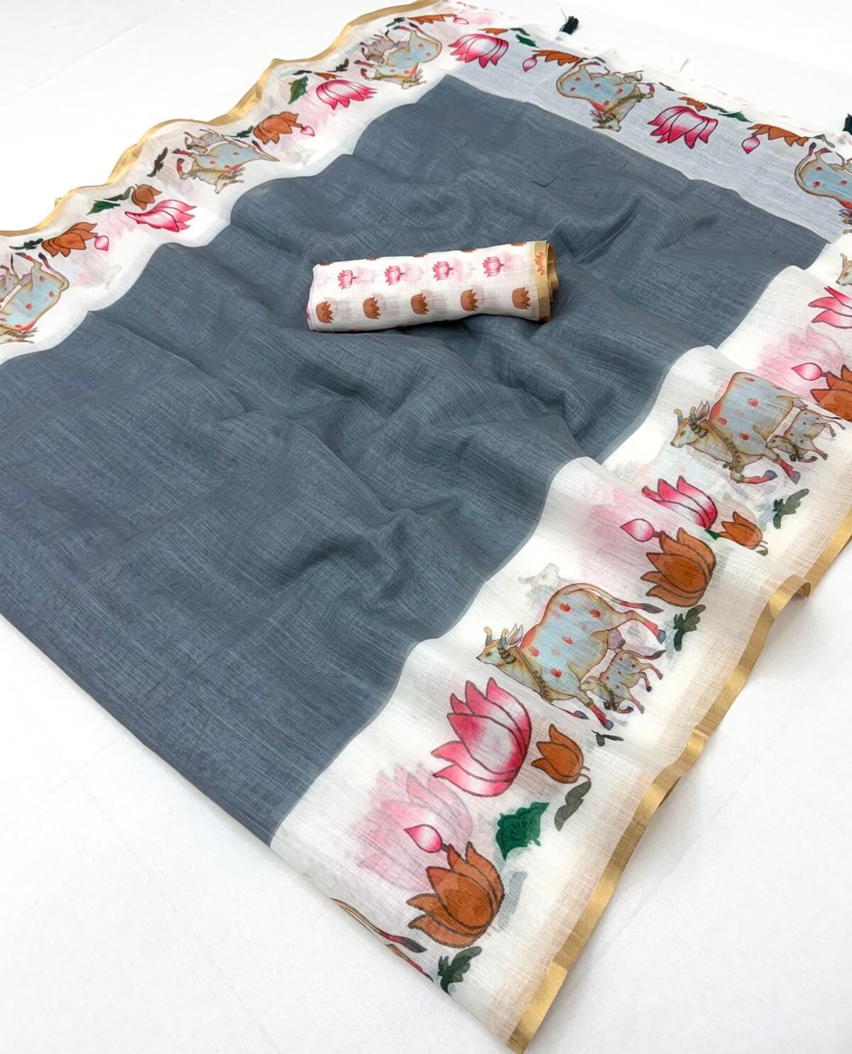Amazing Grey Printed Cotton Silk Saree With Excellent Blouse Piece