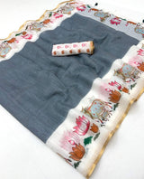 Amazing Grey Printed Cotton Silk Saree With Excellent Blouse Piece