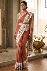 Enamoring Brown Printed Cotton Silk Saree With Epiphany Blouse Piece
