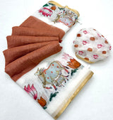 Enamoring Brown Printed Cotton Silk Saree With Epiphany Blouse Piece