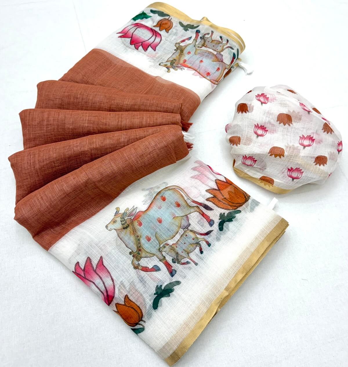 Enamoring Brown Printed Cotton Silk Saree With Epiphany Blouse Piece