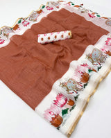 Enamoring Brown Printed Cotton Silk Saree With Epiphany Blouse Piece
