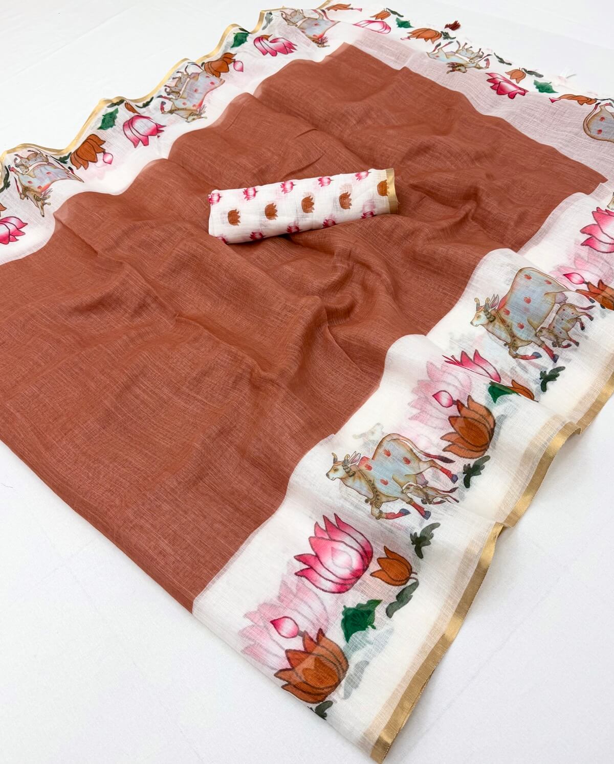 Enamoring Brown Printed Cotton Silk Saree With Epiphany Blouse Piece