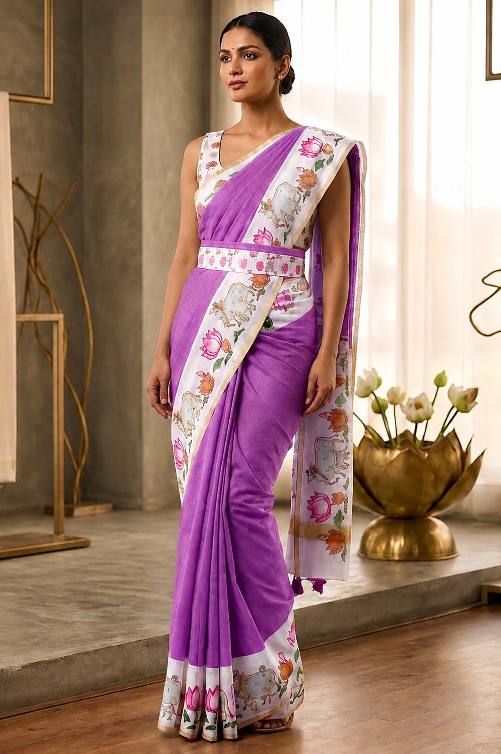 Diaphanous Lavender Printed Cotton Silk Saree With Desuetude Blouse Piece