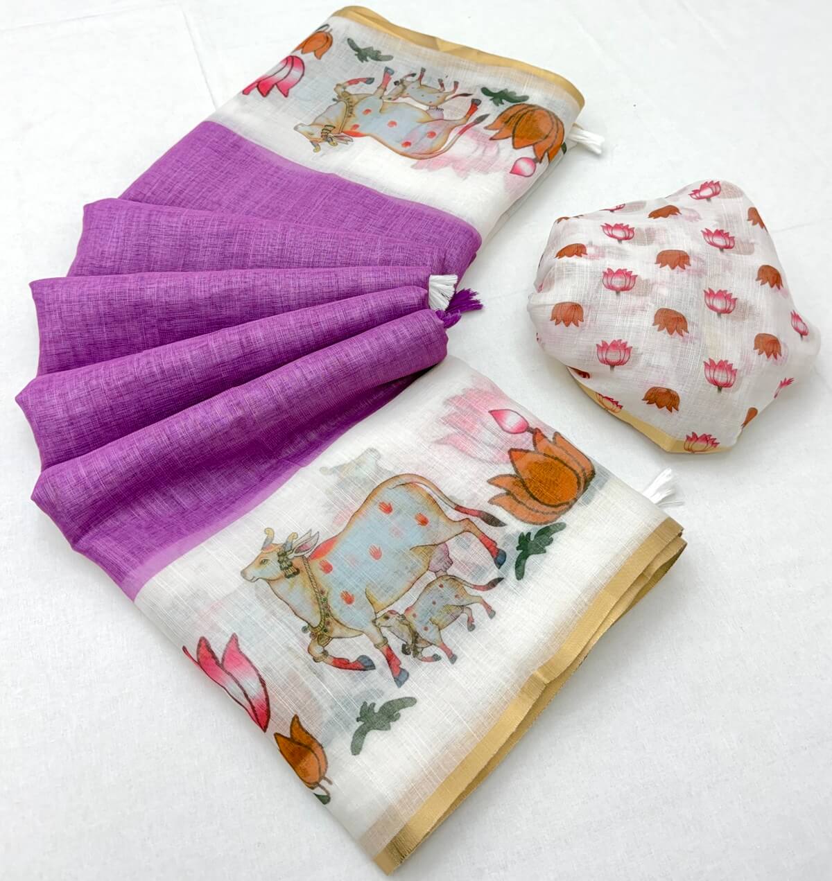 Diaphanous Lavender Printed Cotton Silk Saree With Desuetude Blouse Piece