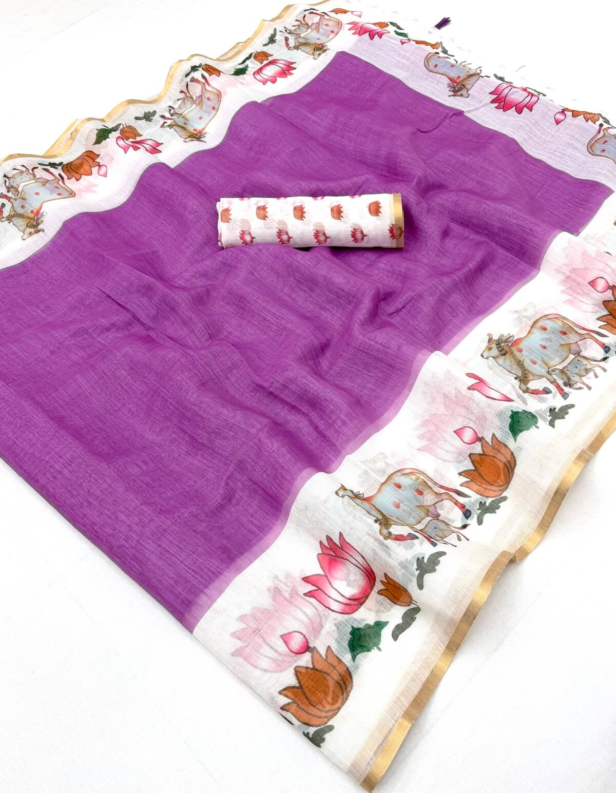 Diaphanous Lavender Printed Cotton Silk Saree With Desuetude Blouse Piece
