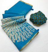 Capricious Firozi Printed Cotton Silk Saree With Nebula Blouse Piece