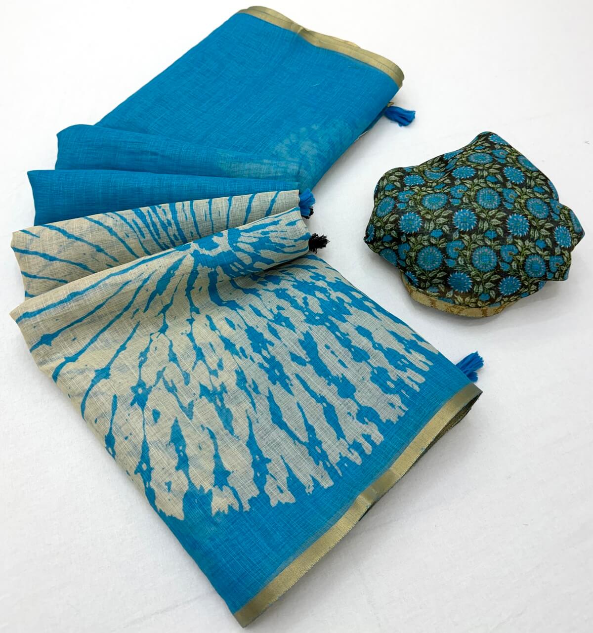 Capricious Firozi Printed Cotton Silk Saree With Nebula Blouse Piece