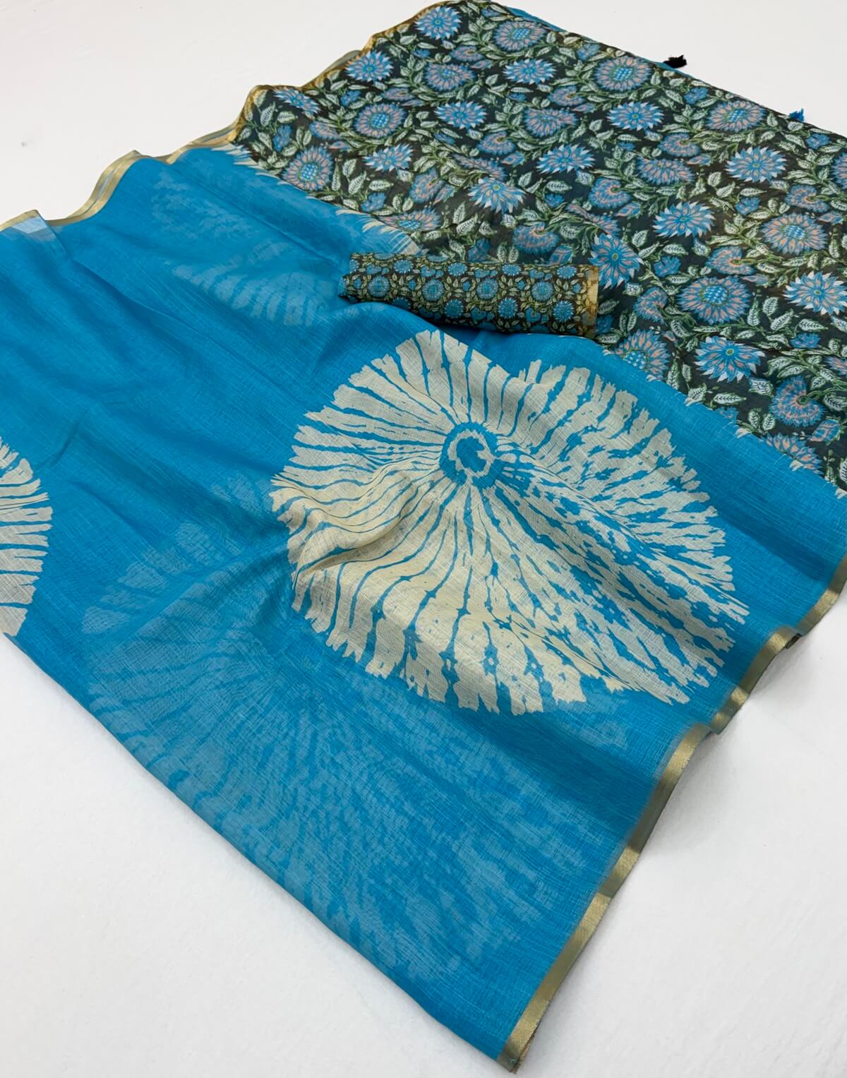 Capricious Firozi Printed Cotton Silk Saree With Nebula Blouse Piece