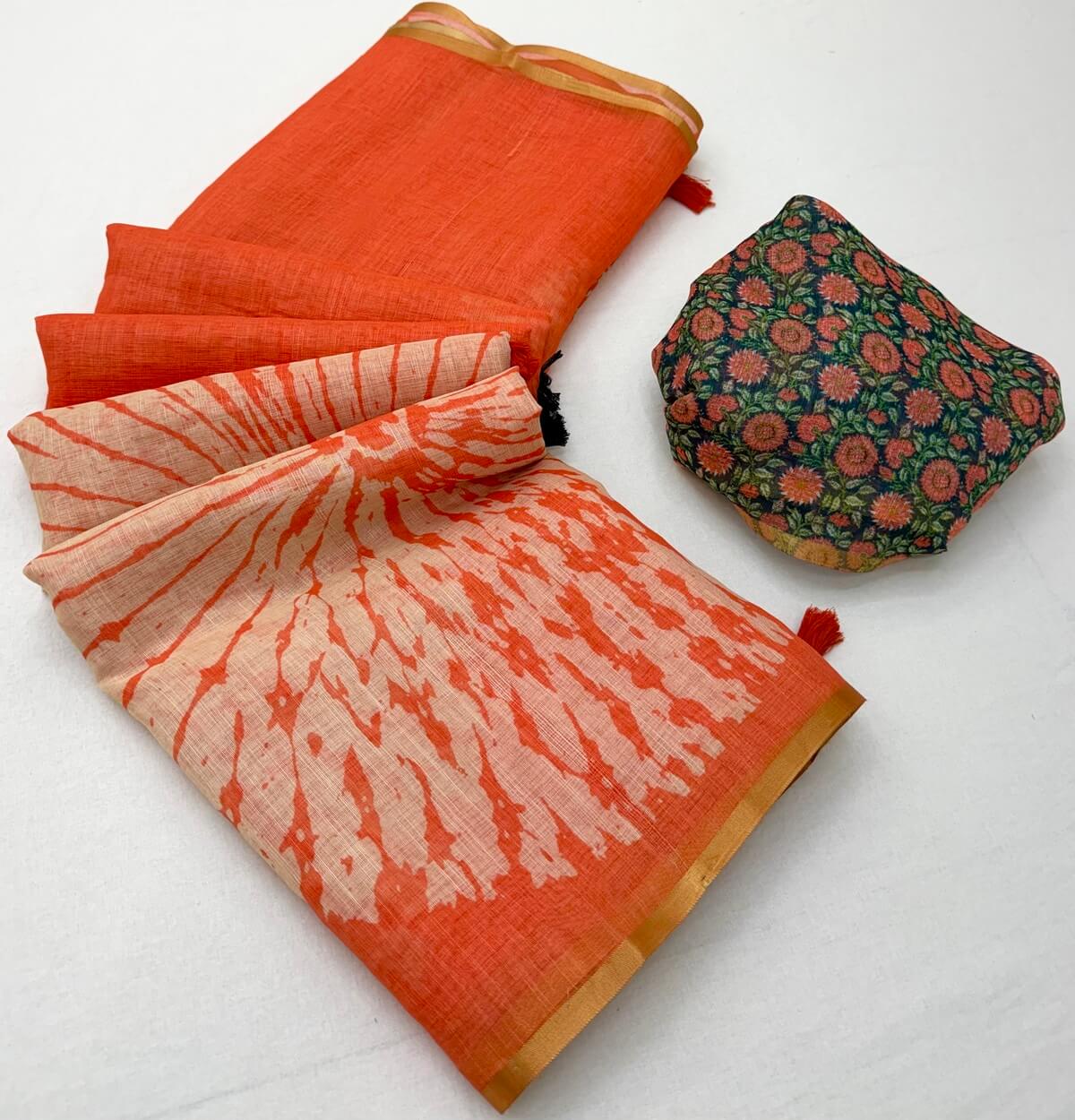 Wonderful Orange Printed Cotton Silk Saree With Jubilant Blouse Piece