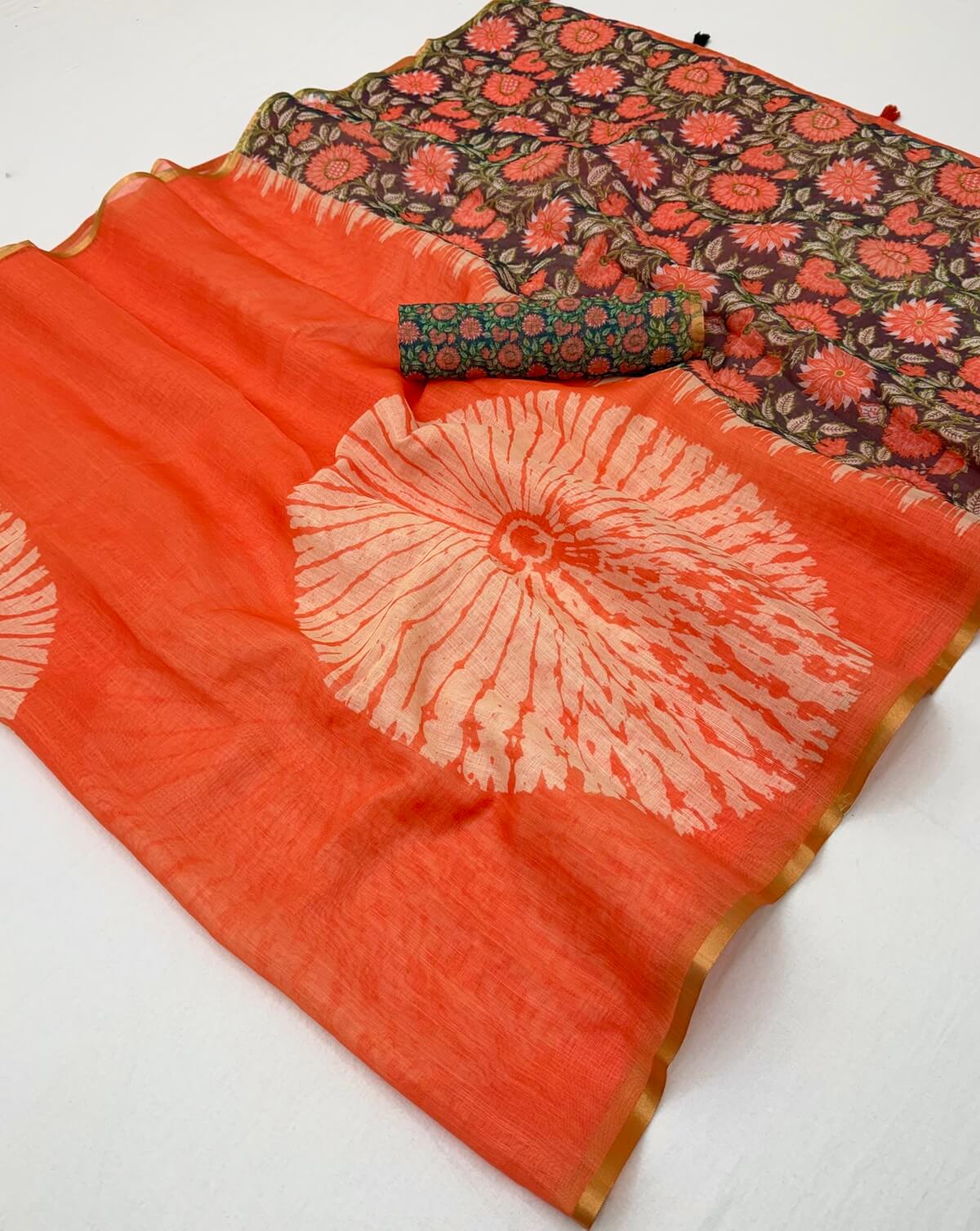 Wonderful Orange Printed Cotton Silk Saree With Jubilant Blouse Piece