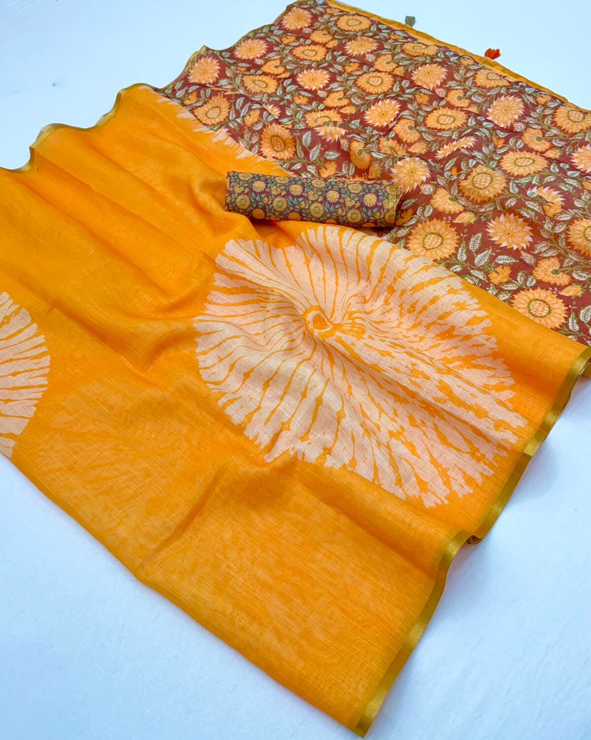 Elegant Yellow Printed Cotton Silk Saree With Forbearance Blouse Piece