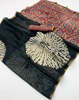 Proficient Black Printed Cotton Silk Saree With Amiable Blouse Piece