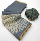 Marvellous Grey Printed Cotton Silk Saree With Elaborate Blouse Piece